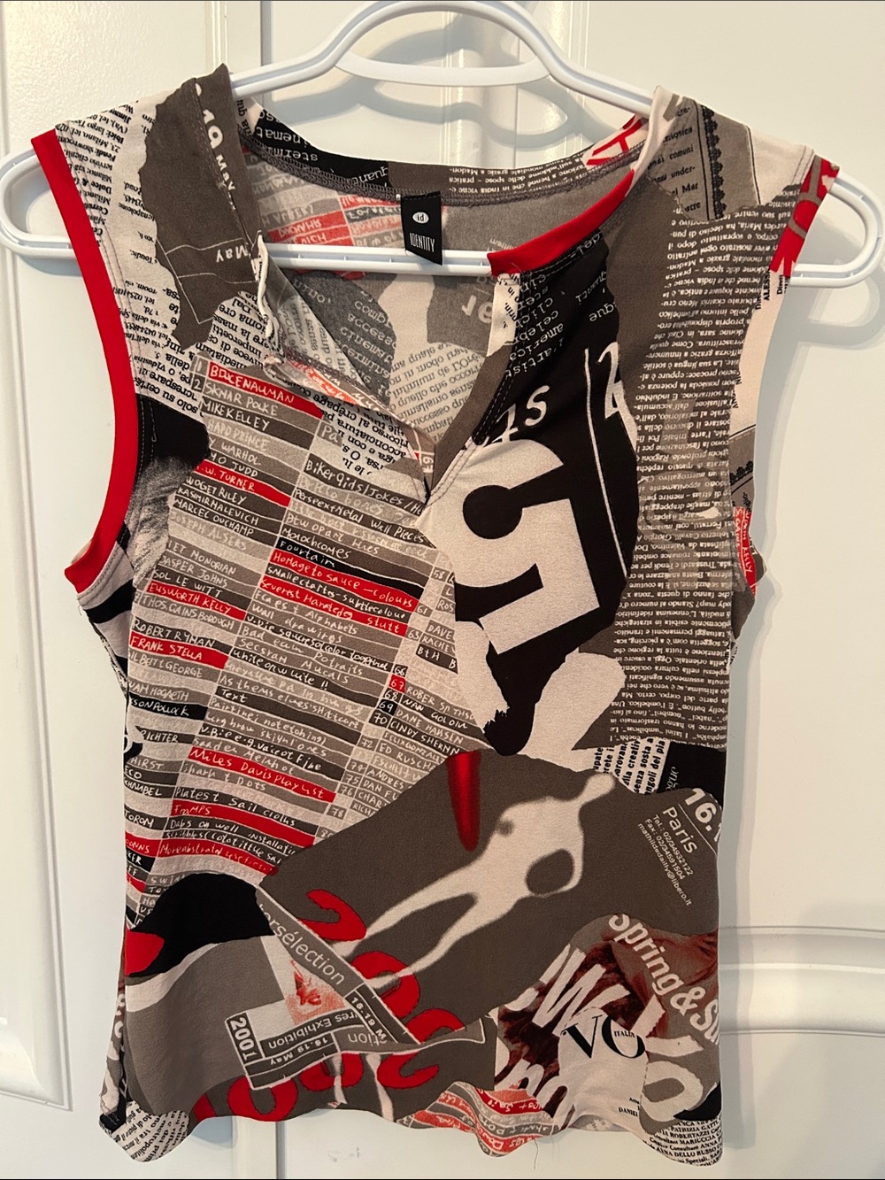 Vintage Sleeveless Newspaper Collage Graphic Tank Top with Red Trim